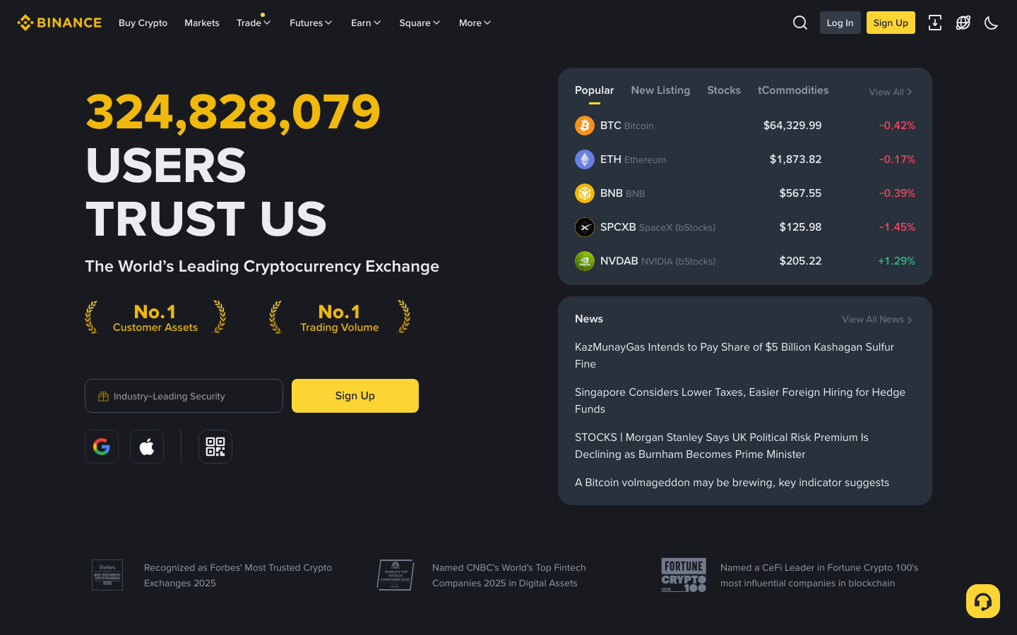Startseite von Binance, aktuell ohne MiCA-Lizenz fuer den EU-Markt