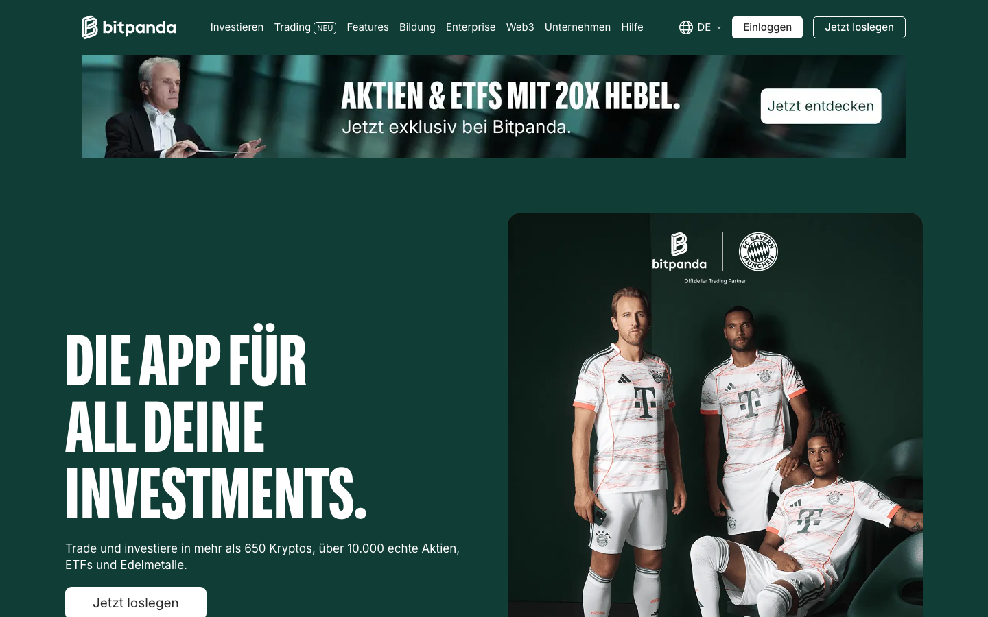 Startseite von Bitpanda, der Krypto-App mit deutschsprachigem Support
