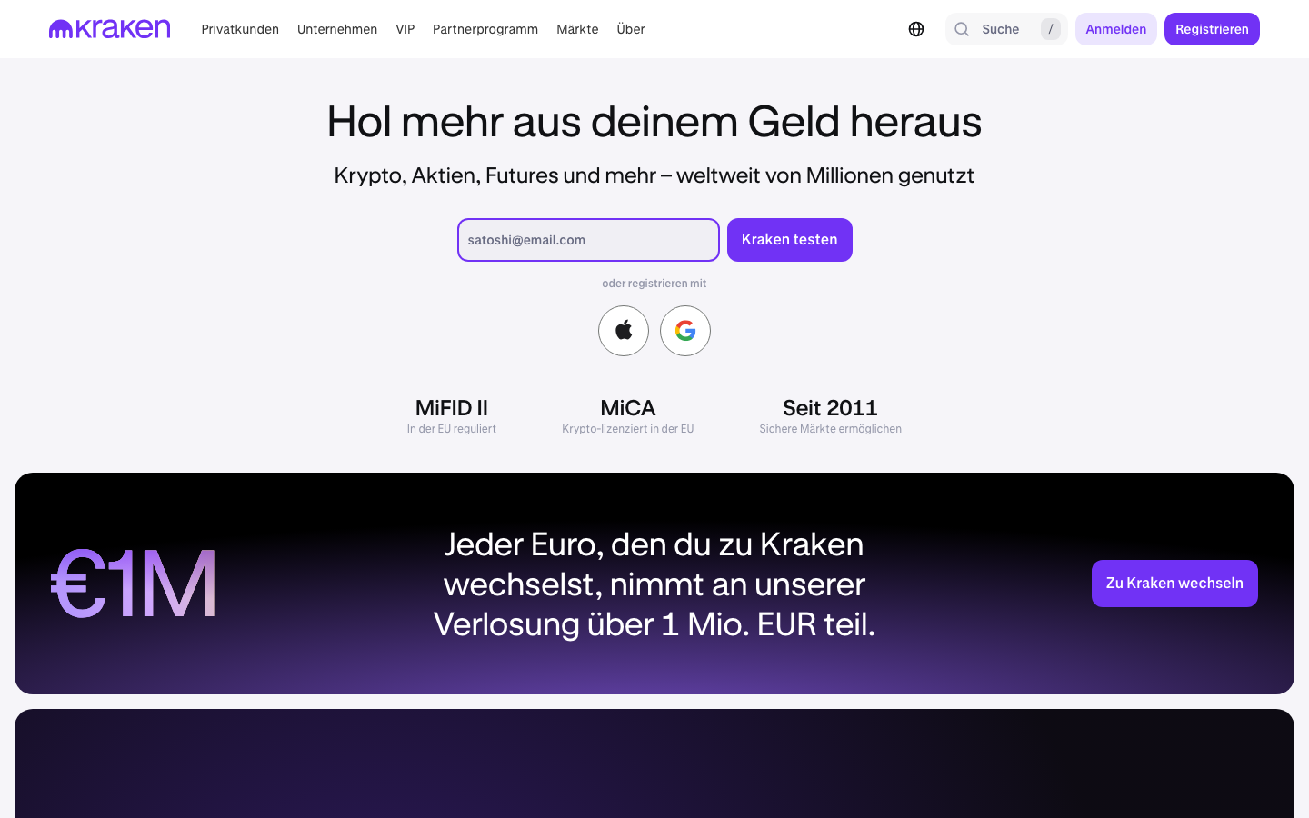 Startseite von Kraken mit Hinweis auf MiFID II und MiCA Regulierung in der EU