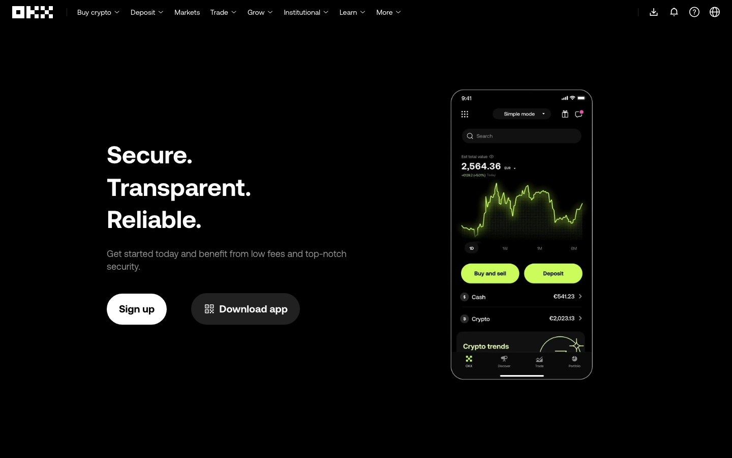 Startseite von OKX mit mobiler App-Ansicht und MiCA-Lizenz Hinweis