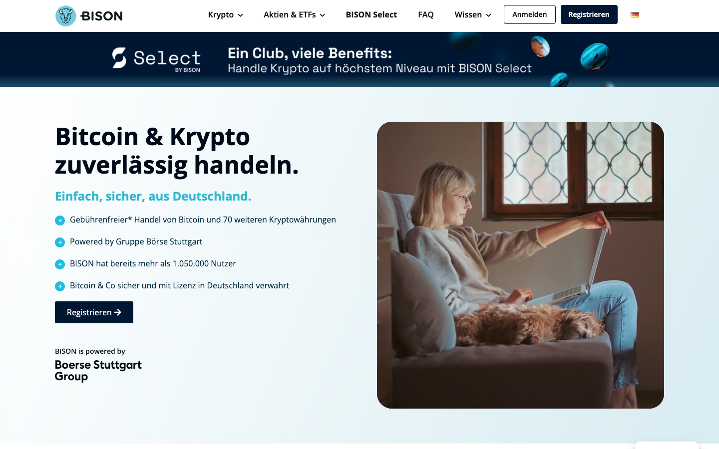 Startseite der BISON App mit Hinweis auf Anbindung an die Börse Stuttgart Gruppe.