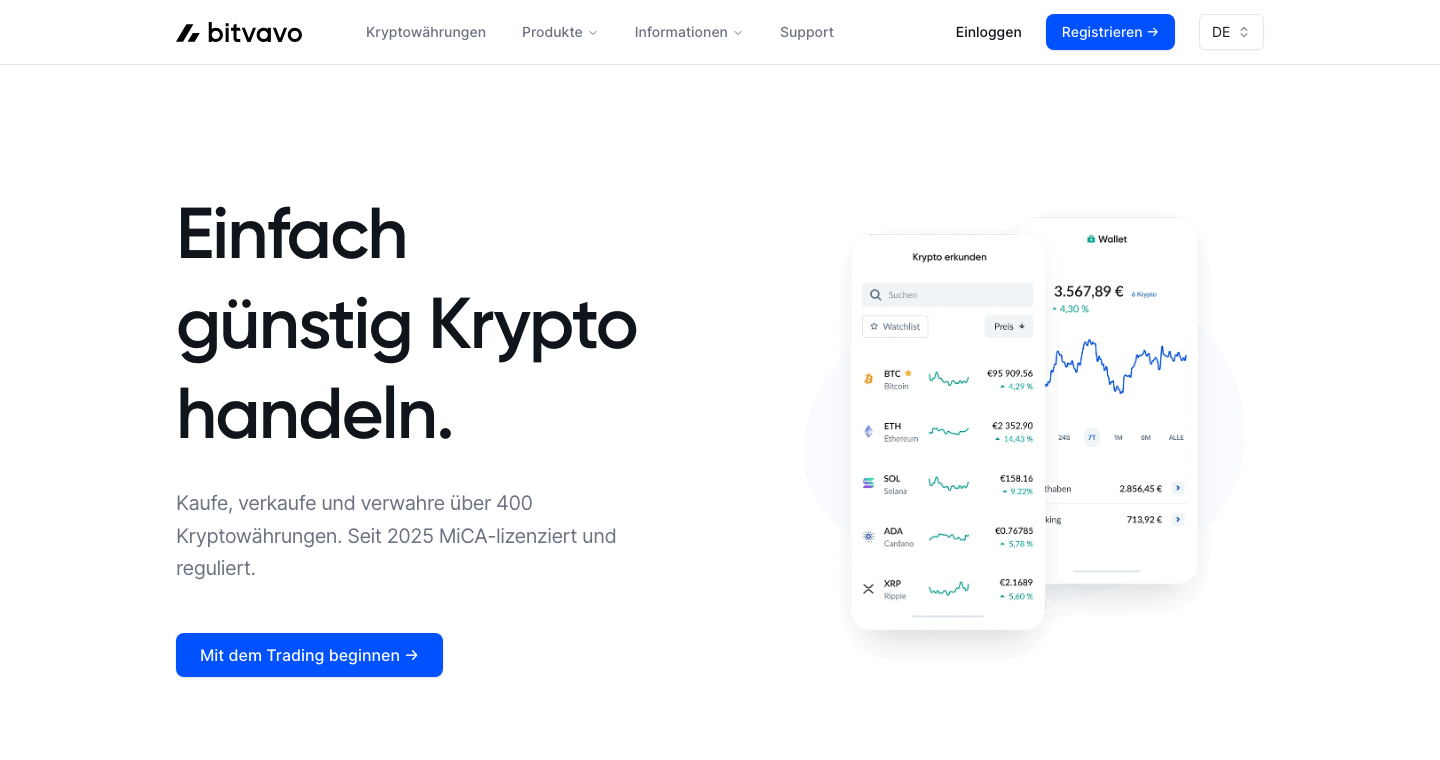Startseite von Bitvavo mit Hinweis auf über 400 Kryptowährungen und MiCA-Lizenz.