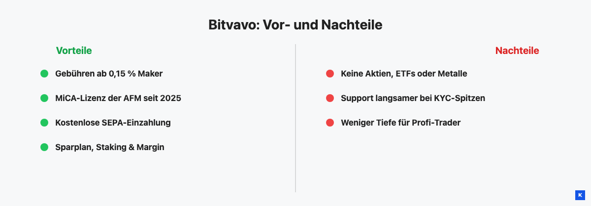 Übersicht der wichtigsten Vor- und Nachteile von Bitvavo laut Nutzerbewertungen