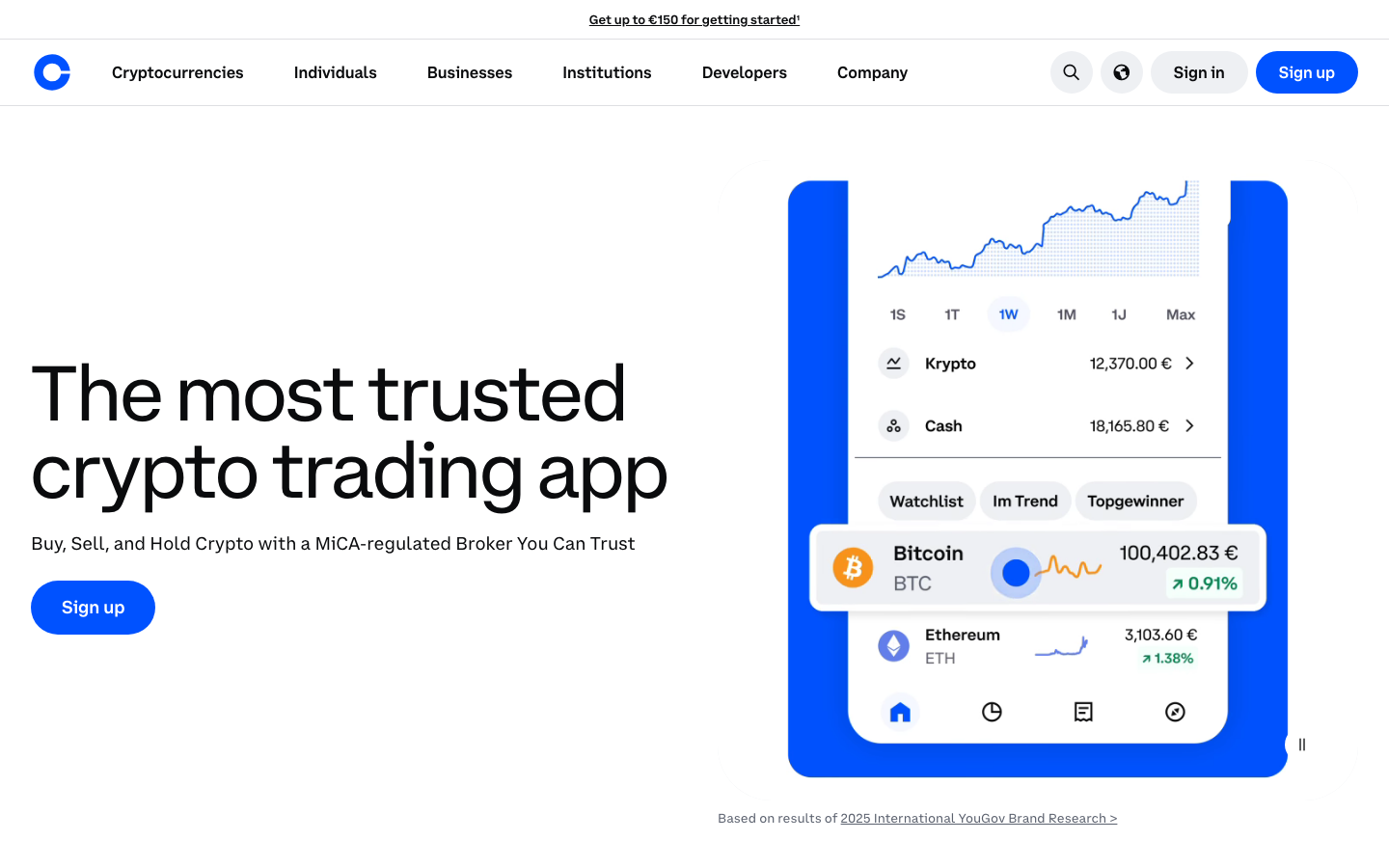 Coinbase Startseite mit Hinweis auf die MiCA-Regulierung