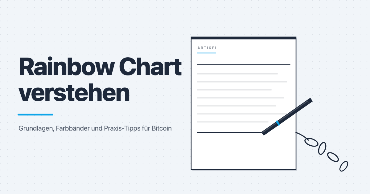 Illustration eines Artikels über den Bitcoin Rainbow Chart mit Stift und Textzeilen.