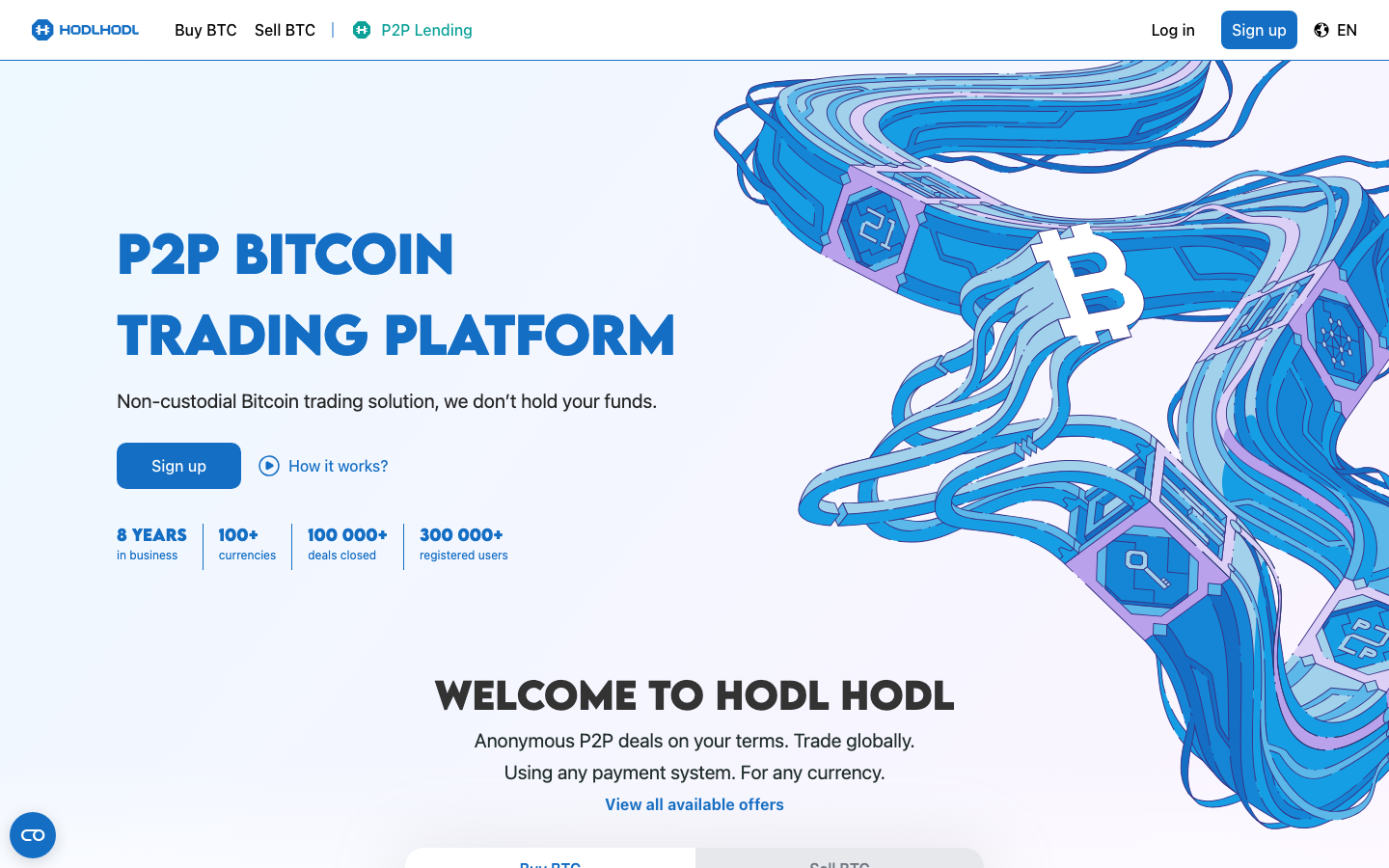 Startseite von HodlHodl mit dem Slogan P2P Bitcoin Trading Platform und Nutzerstatistiken.