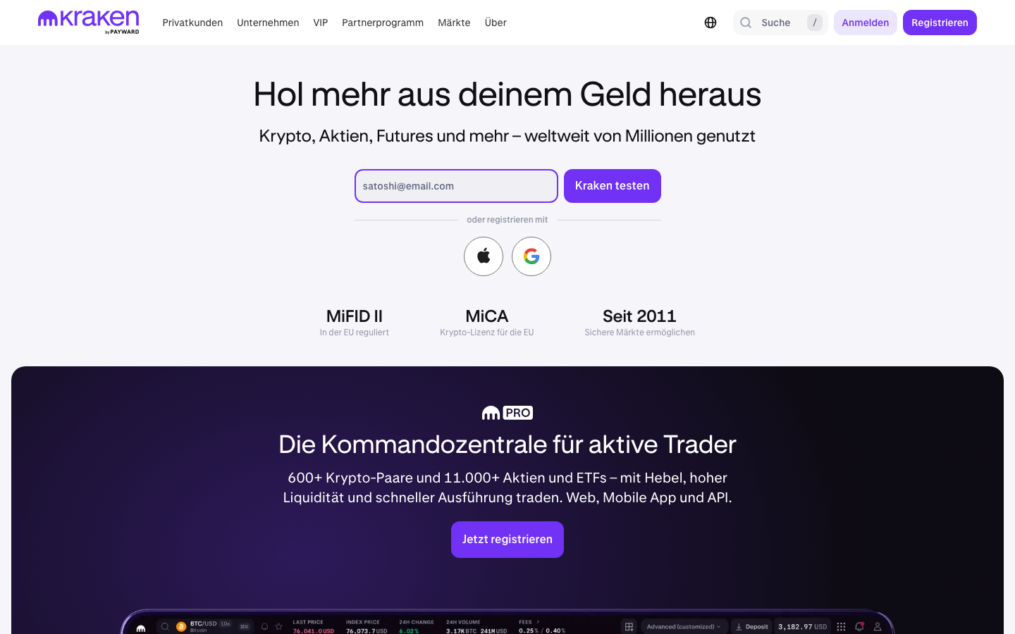 Startseite von kraken.com mit Hinweis auf MiCA-Lizenz und über 600 Krypto-Paaren im September 2026
