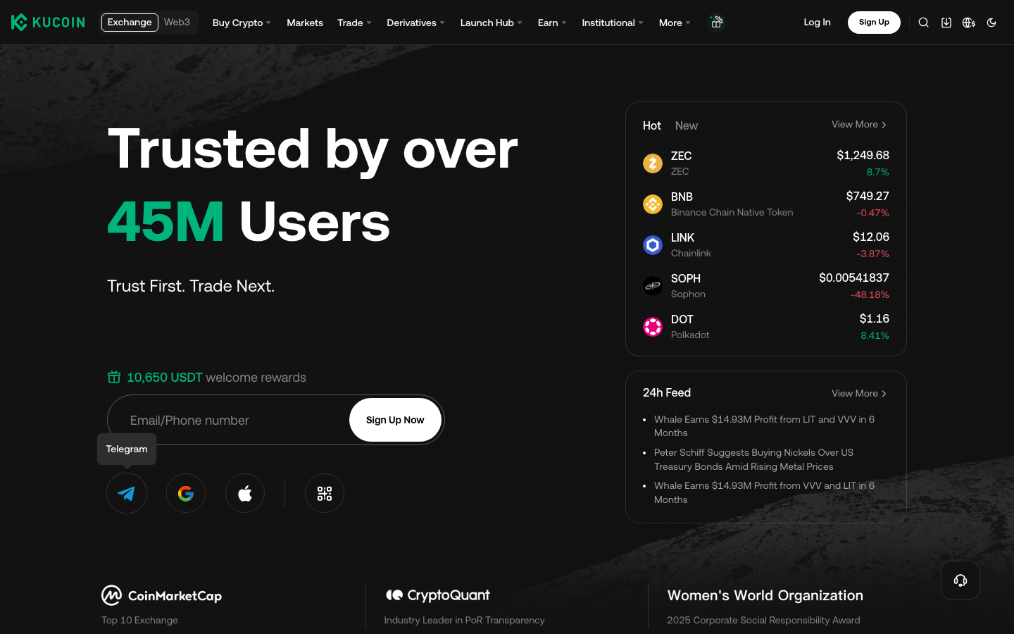 Screenshot der KuCoin-Startseite mit 45 Millionen Nutzern und Live-Kursen 2026