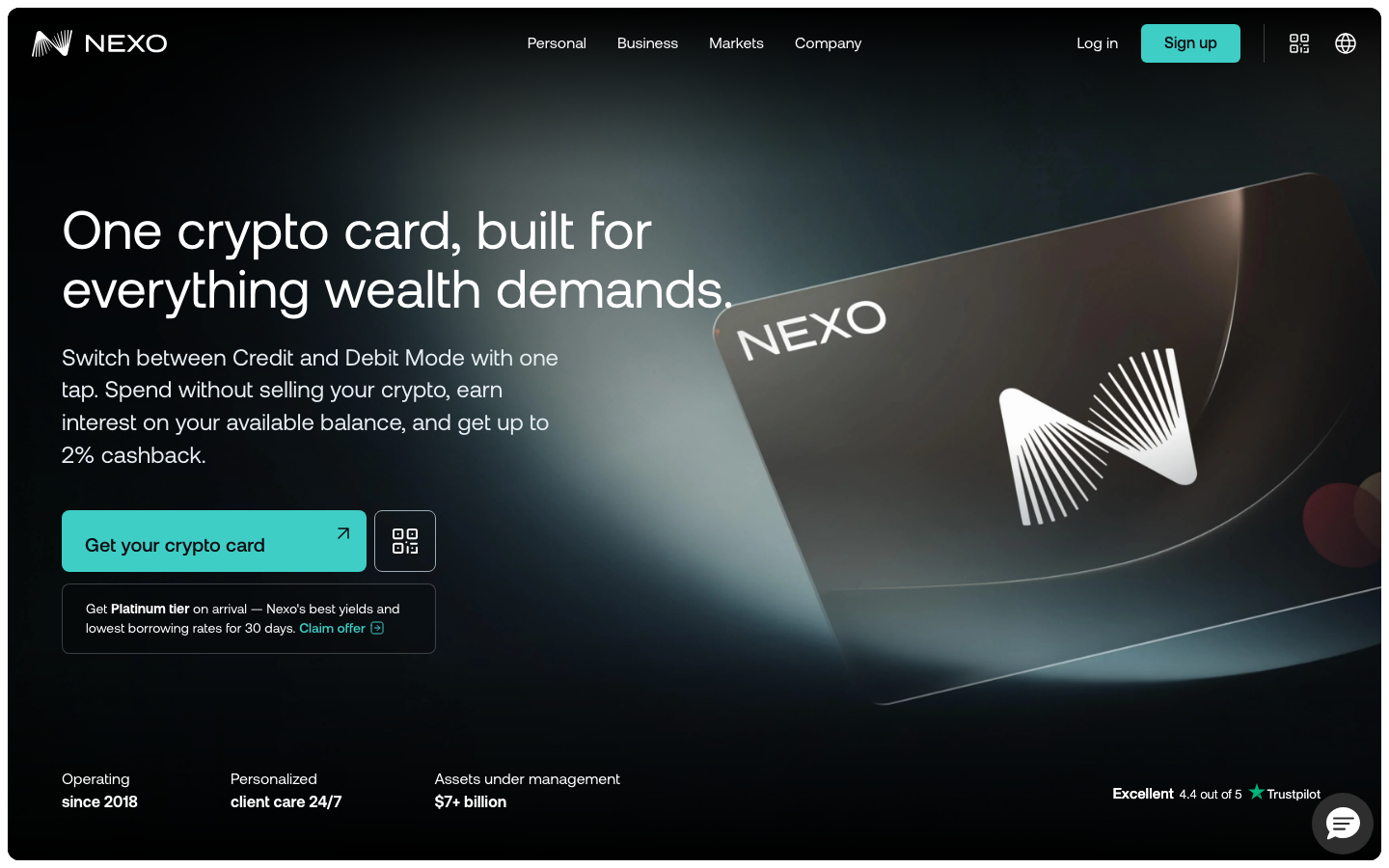 Produktseite der Nexo Card mit Kreditkarte im Mastercard-Design.