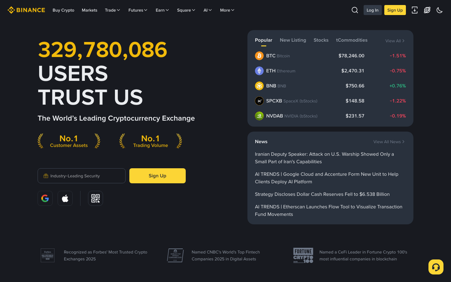 Screenshot der Binance-Startseite mit Nutzerzahlen und Live-Kursen 2026