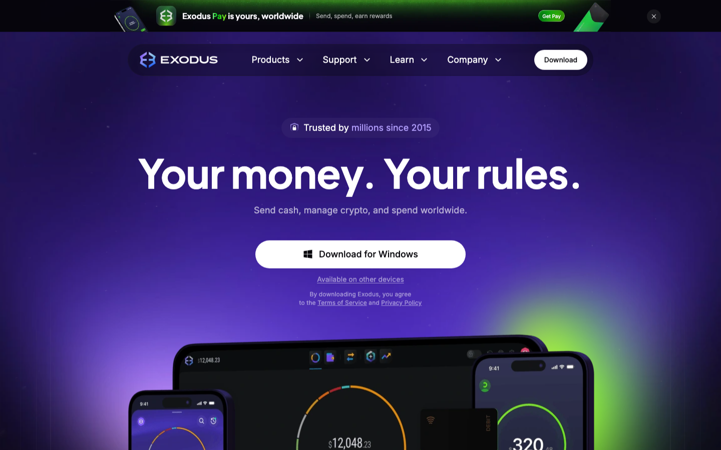 Startseite des Exodus Krypto Wallets