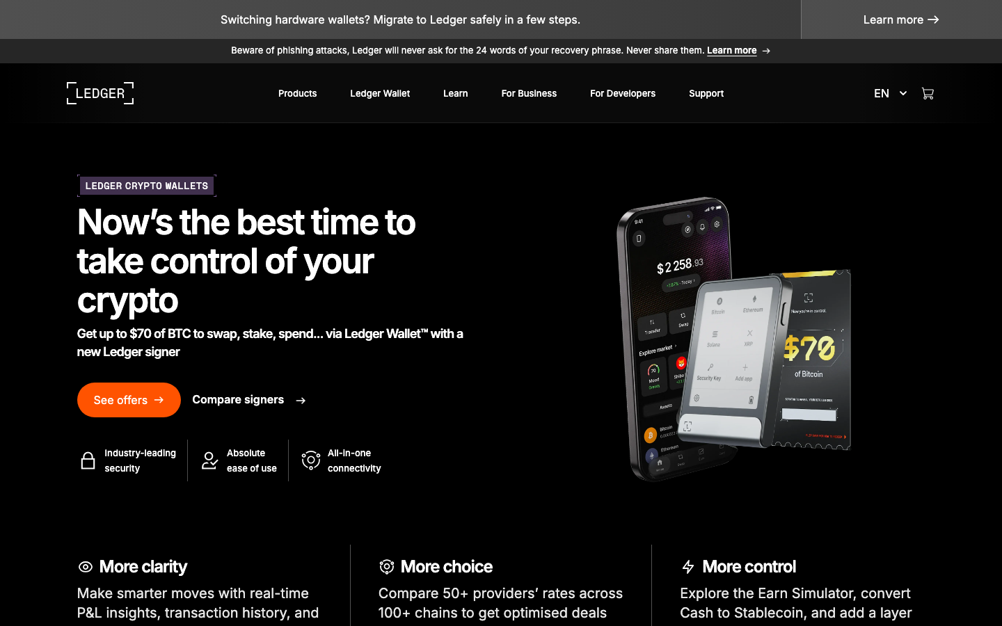 Startseite von Ledger, Hersteller des Ledger Nano X Hardware-Wallets