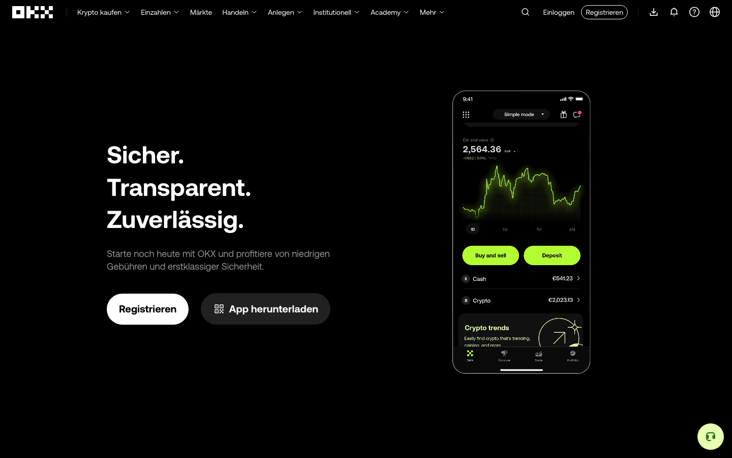 Startseite von OKX mit Hinweis auf niedrige Gebühren und Sicherheit im Simple-Mode-Portfolio
