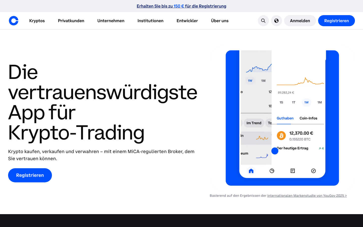 Startseite von Coinbase mit Hero-Text zur vertrauenswürdigsten Krypto-App und Smartphone-Mockup.