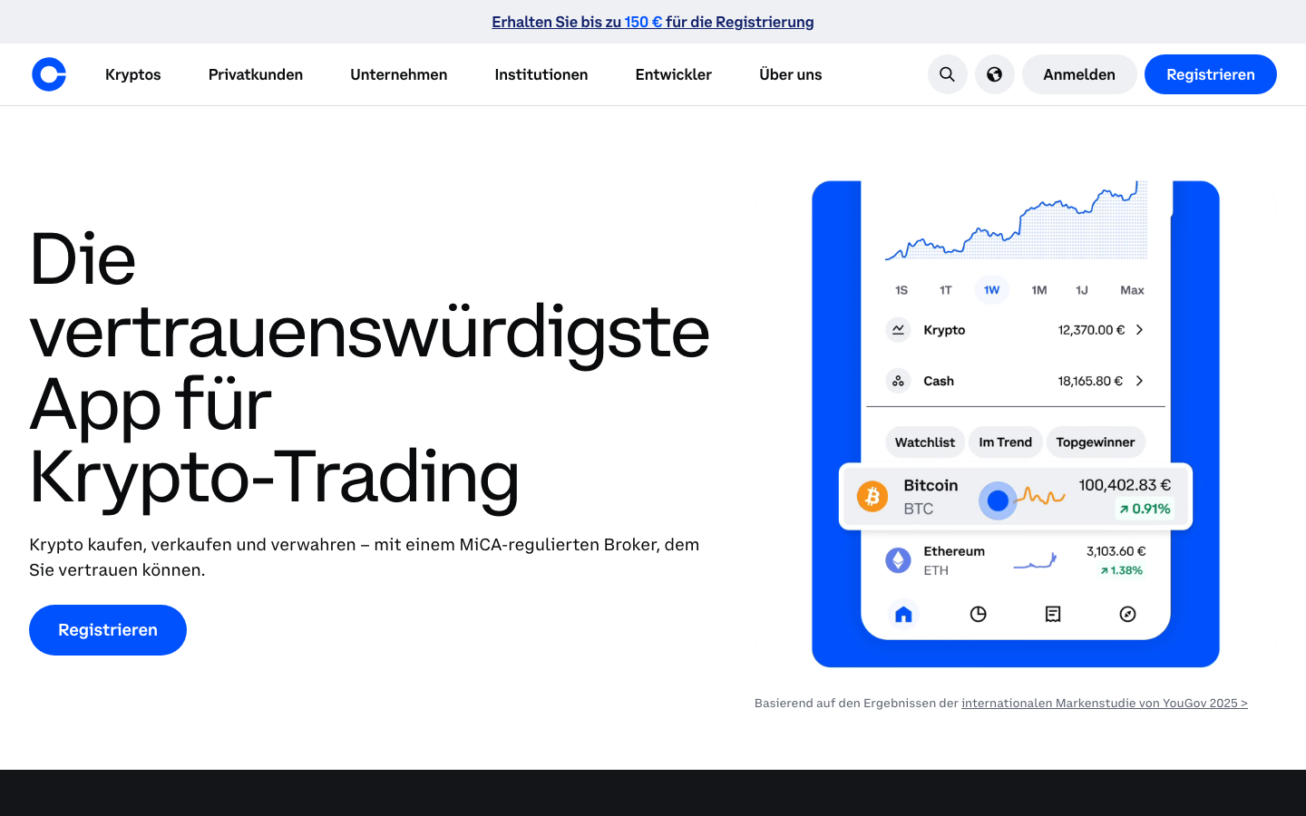 Startseite von coinbase.com mit App-Vorschau und MiCA-Regulierungshinweis im Oktober 2026