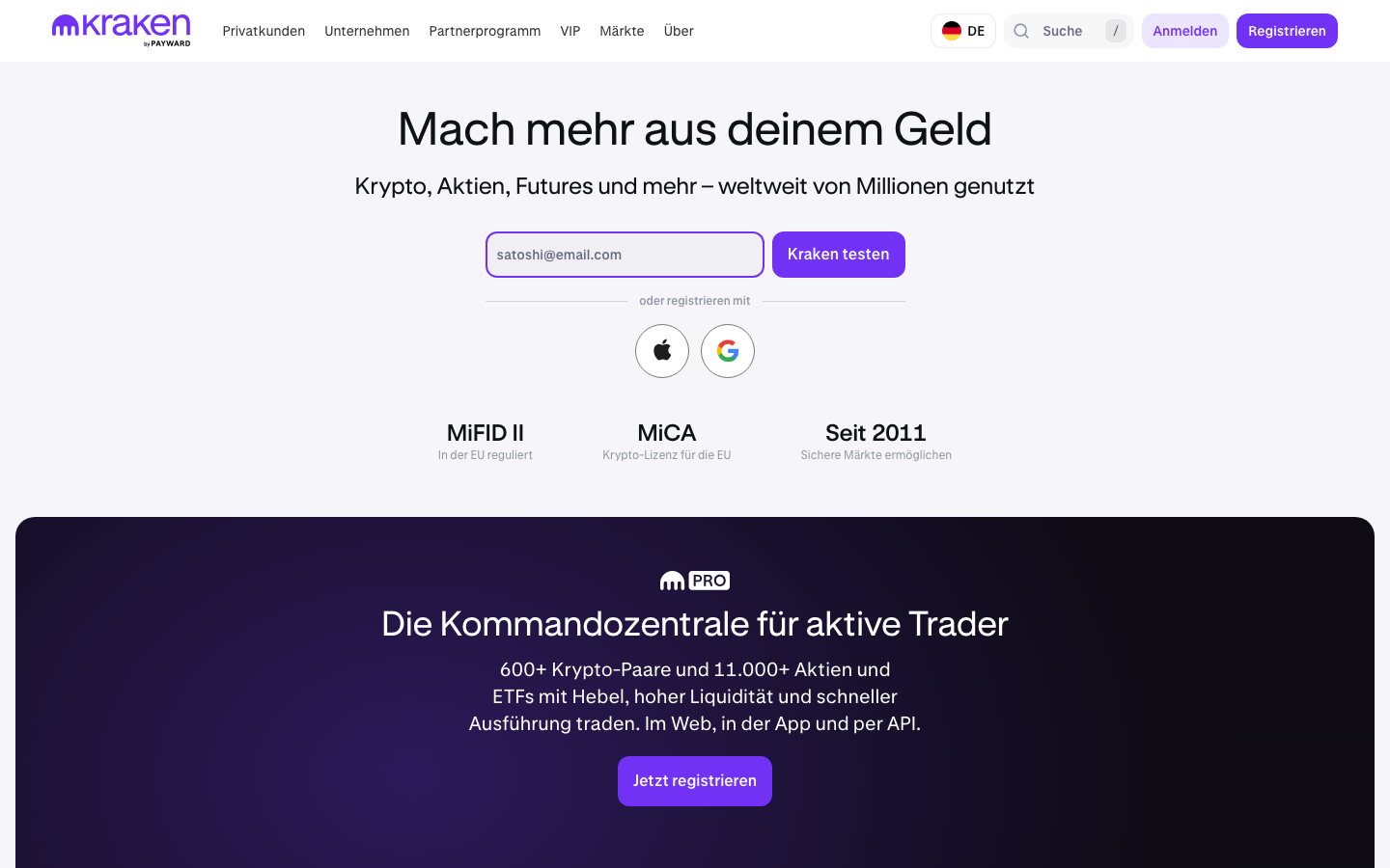 Startseite von kraken.com mit Hinweis auf MiCA-Lizenz und Krypto-Trading im Oktober 2026